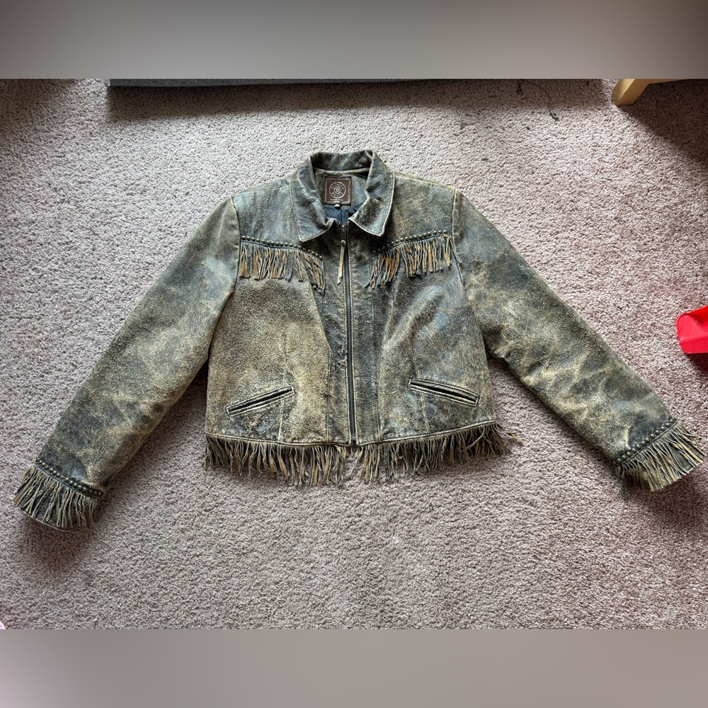 DOUBLE D RANCH leather jacket medium fringe gold studs western cowgirl vintage